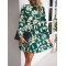 Flower Print Pleated Tied Waist High Waisted Long Sleeves Mock Neck Mini Dresses