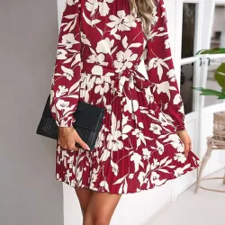 Flower Print Pleated Tied Waist High Waisted Long Sleeves Mock Neck Mini Dresses
