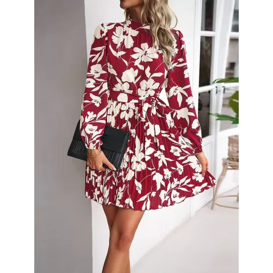 Flower Print Pleated Tied Waist High Waisted Long Sleeves Mock Neck Mini Dresses Flower Print Pleated Tied Waist High Waisted Long Sleeves Mock Neck Mini Dresses