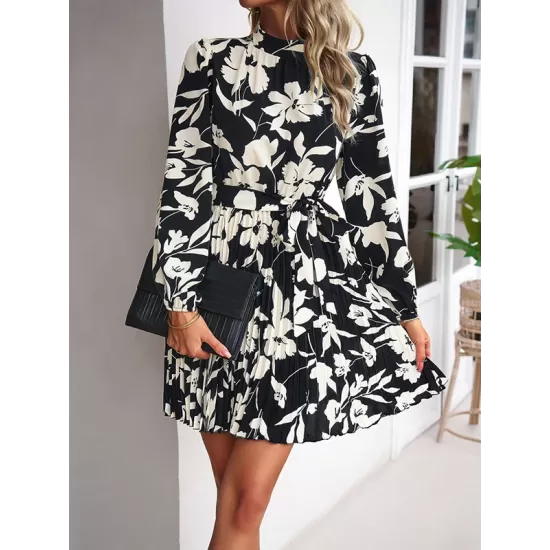 Flower Print Pleated Tied Waist High Waisted Long Sleeves Mock Neck Mini Dresses Flower Print Pleated Tied Waist High Waisted Long Sleeves Mock Neck Mini Dresses