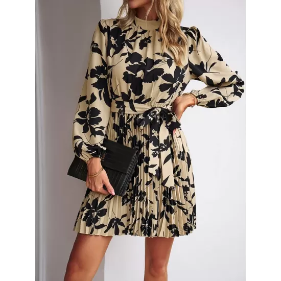 Flower Print Pleated Tied Waist High Waisted Long Sleeves Mock Neck Mini Dresses Flower Print Pleated Tied Waist High Waisted Long Sleeves Mock Neck Mini Dresses