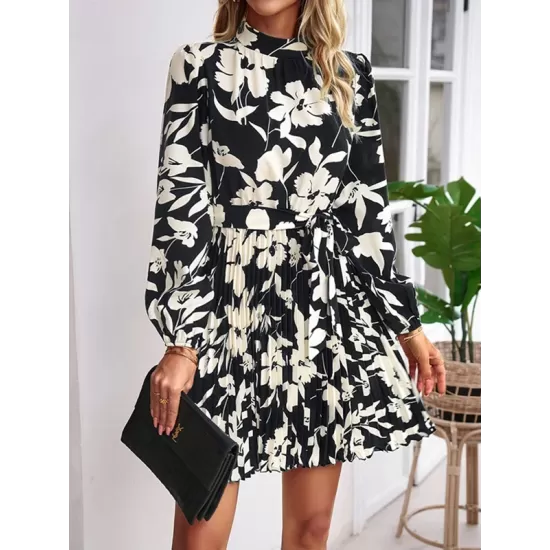 Flower Print Pleated Tied Waist High Waisted Long Sleeves Mock Neck Mini Dresses Flower Print Pleated Tied Waist High Waisted Long Sleeves Mock Neck Mini Dresses