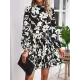 Flower Print Pleated Tied Waist High Waisted Long Sleeves Mock Neck Mini Dresses Flower Print Pleated Tied Waist High Waisted Long Sleeves Mock Neck Mini Dresses