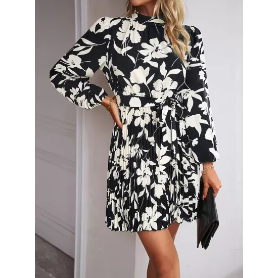 Flower Print Pleated Tied Waist High Waisted Long Sleeves Mock Neck Mini Dresses Flower Print Pleated Tied Waist High Waisted Long Sleeves Mock Neck Mini Dresses