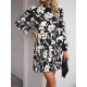 Flower Print Pleated Tied Waist High Waisted Long Sleeves Mock Neck Mini Dresses Flower Print Pleated Tied Waist High Waisted Long Sleeves Mock Neck Mini Dresses