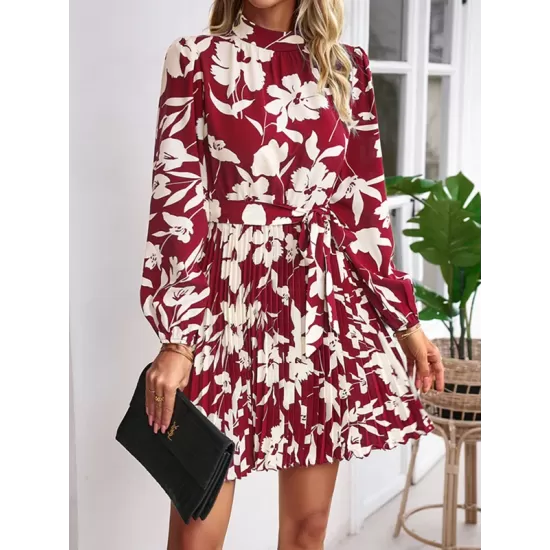 Flower Print Pleated Tied Waist High Waisted Long Sleeves Mock Neck Mini Dresses Flower Print Pleated Tied Waist High Waisted Long Sleeves Mock Neck Mini Dresses