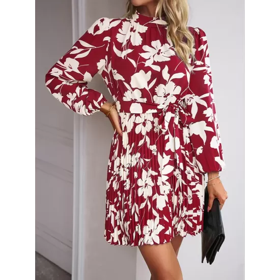 Flower Print Pleated Tied Waist High Waisted Long Sleeves Mock Neck Mini Dresses Flower Print Pleated Tied Waist High Waisted Long Sleeves Mock Neck Mini Dresses