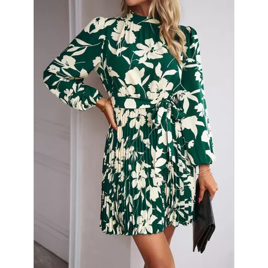 Flower Print Pleated Tied Waist High Waisted Long Sleeves Mock Neck Mini Dresses Flower Print Pleated Tied Waist High Waisted Long Sleeves Mock Neck Mini Dresses