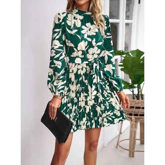 Flower Print Pleated Tied Waist High Waisted Long Sleeves Mock Neck Mini Dresses Flower Print Pleated Tied Waist High Waisted Long Sleeves Mock Neck Mini Dresses