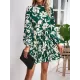 Flower Print Pleated Tied Waist High Waisted Long Sleeves Mock Neck Mini Dresses Flower Print Pleated Tied Waist High Waisted Long Sleeves Mock Neck Mini Dresses