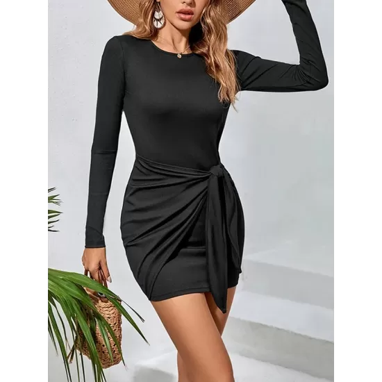 Knot Solid Color Long Sleeves Skinny Round-Neck Mini Dresses Knot Solid Color Long Sleeves Skinny Round-Neck Mini Dresses