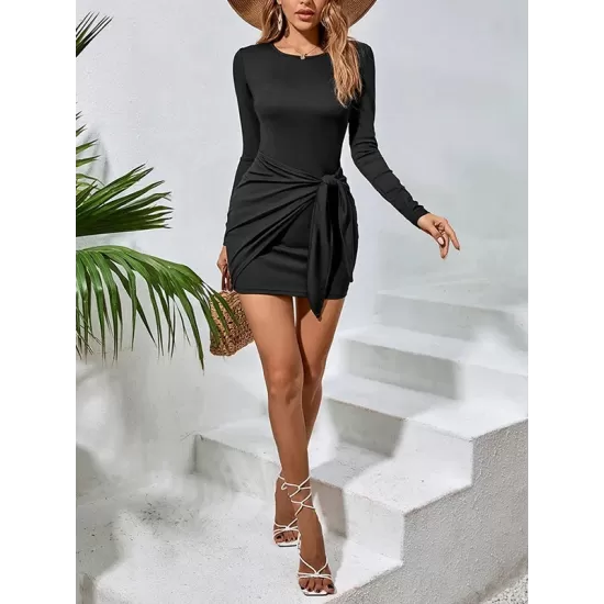Knot Solid Color Long Sleeves Skinny Round-Neck Mini Dresses Knot Solid Color Long Sleeves Skinny Round-Neck Mini Dresses