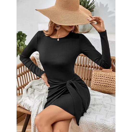 Knot Solid Color Long Sleeves Skinny Round-Neck Mini Dresses Knot Solid Color Long Sleeves Skinny Round-Neck Mini Dresses
