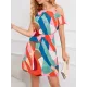 Contrast Color Hollow Split-Joint Loose One-Shoulder Mini Dresses Contrast Color Hollow Split-Joint Loose One-Shoulder Mini Dresses