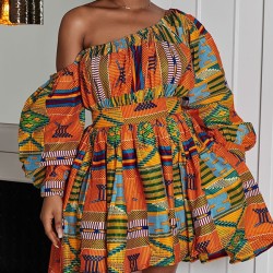 Elasticity Printed Tied Waist High Waisted Loose One-shoulder Mini Dresses