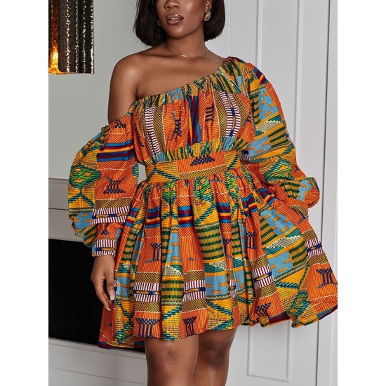 Elasticity Printed Tied Waist High Waisted Loose One-shoulder Mini Dresses Elasticity Printed Tied Waist High Waisted Loose One-shoulder Mini Dresses