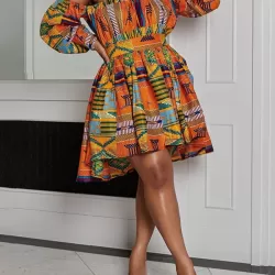 Elasticity Printed Tied Waist High Waisted Loose One-shoulder Mini Dresses