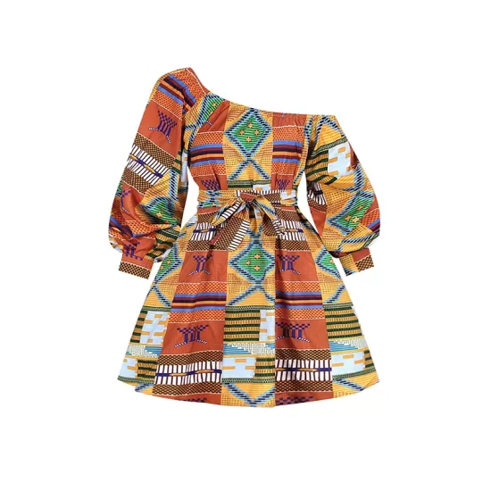 Elasticity Printed Tied Waist High Waisted Loose One-shoulder Mini Dresses Elasticity Printed Tied Waist High Waisted Loose One-shoulder Mini Dresses