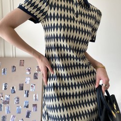 Original Plaid Knitting Lapel Collar Short Sleeves Mini Dress