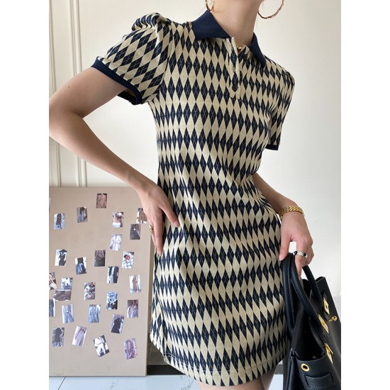 Original Plaid Knitting Lapel Collar Short Sleeves Mini Dress Original Plaid Knitting Lapel Collar Short Sleeves Mini Dress