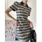 Original Plaid Knitting Lapel Collar Short Sleeves Mini Dress