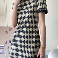 Original Plaid Knitting Lapel Collar Short Sleeves Mini Dress