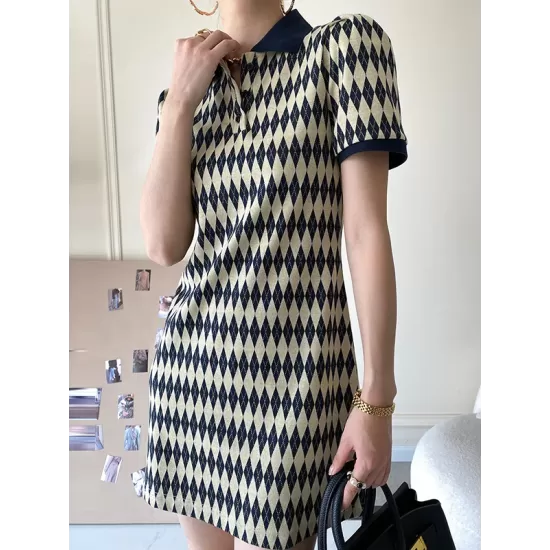 Original Plaid Knitting Lapel Collar Short Sleeves Mini Dress Original Plaid Knitting Lapel Collar Short Sleeves Mini Dress