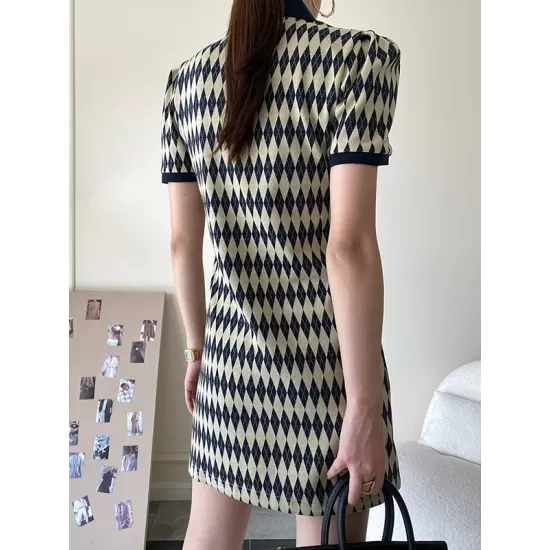 Original Plaid Knitting Lapel Collar Short Sleeves Mini Dress Original Plaid Knitting Lapel Collar Short Sleeves Mini Dress