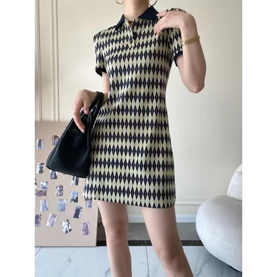Original Plaid Knitting Lapel Collar Short Sleeves Mini Dress Original Plaid Knitting Lapel Collar Short Sleeves Mini Dress