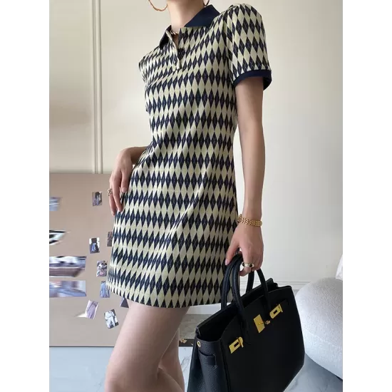 Original Plaid Knitting Lapel Collar Short Sleeves Mini Dress Original Plaid Knitting Lapel Collar Short Sleeves Mini Dress