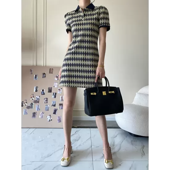 Original Plaid Knitting Lapel Collar Short Sleeves Mini Dress Original Plaid Knitting Lapel Collar Short Sleeves Mini Dress