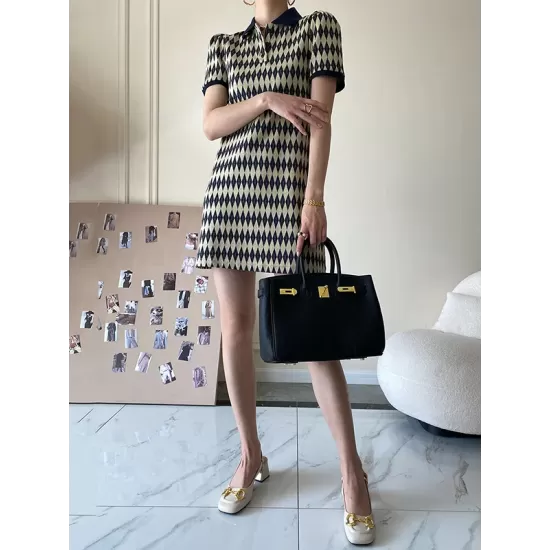 Original Plaid Knitting Lapel Collar Short Sleeves Mini Dress Original Plaid Knitting Lapel Collar Short Sleeves Mini Dress
