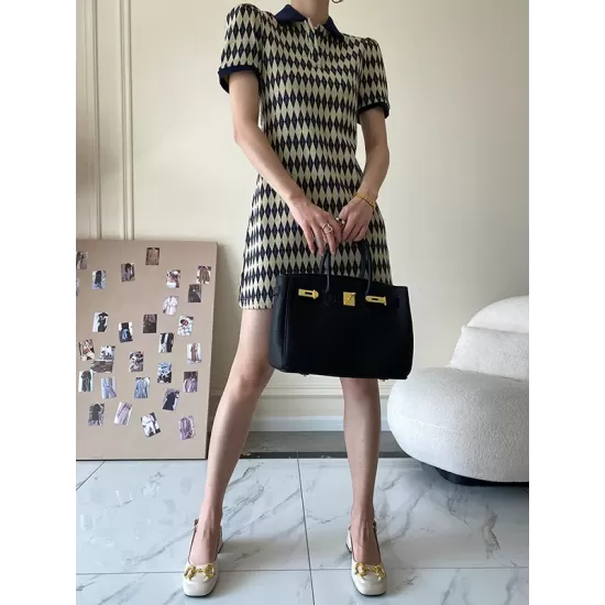 Original Plaid Knitting Lapel Collar Short Sleeves Mini Dress Original Plaid Knitting Lapel Collar Short Sleeves Mini Dress