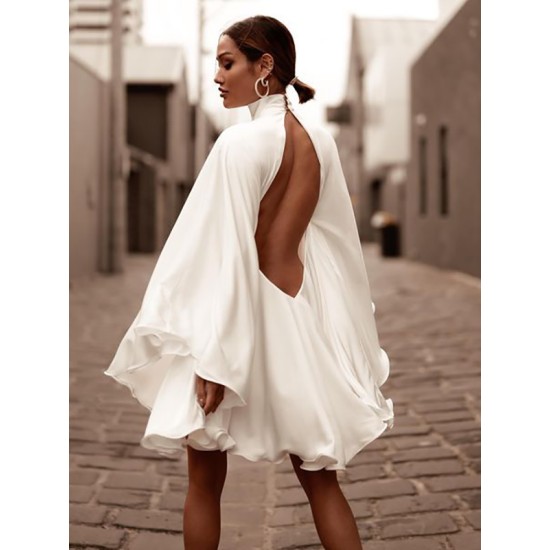 Solid Color High-Neck Backless Flared Sleeves Mini Dress Solid Color High-Neck Backless Flared Sleeves Mini Dress
