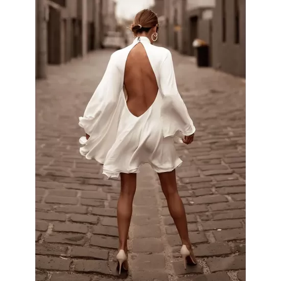Solid Color High-Neck Backless Flared Sleeves Mini Dress Solid Color High-Neck Backless Flared Sleeves Mini Dress