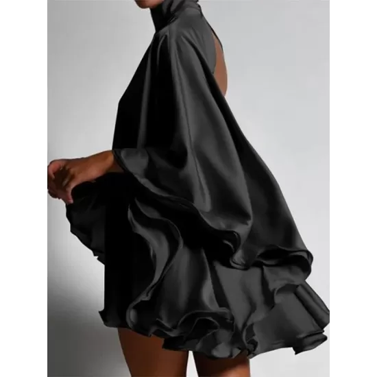 Solid Color High-Neck Backless Flared Sleeves Mini Dress Solid Color High-Neck Backless Flared Sleeves Mini Dress