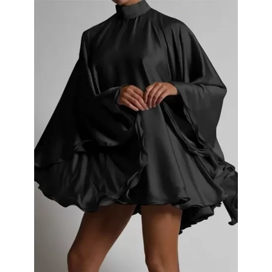 Solid Color High-Neck Backless Flared Sleeves Mini Dress Solid Color High-Neck Backless Flared Sleeves Mini Dress
