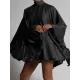 Solid Color High-Neck Backless Flared Sleeves Mini Dress Solid Color High-Neck Backless Flared Sleeves Mini Dress