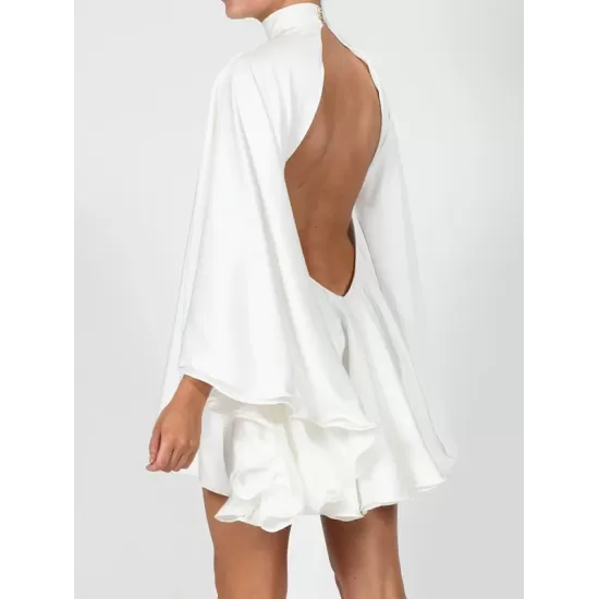 Solid Color High-Neck Backless Flared Sleeves Mini Dress Solid Color High-Neck Backless Flared Sleeves Mini Dress