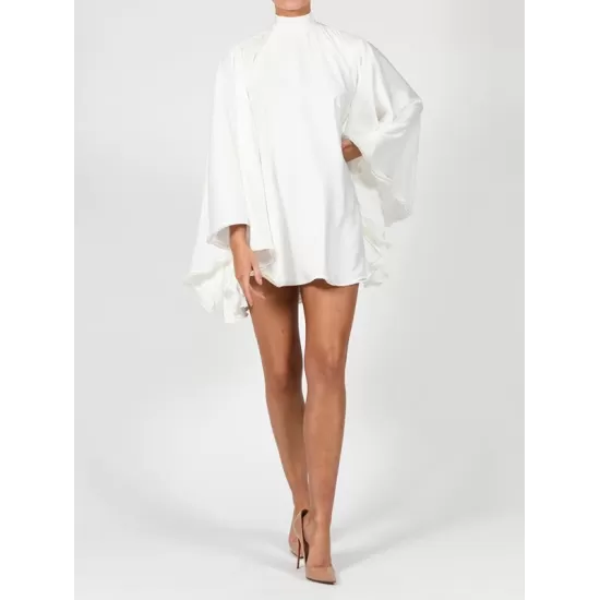 Solid Color High-Neck Backless Flared Sleeves Mini Dress Solid Color High-Neck Backless Flared Sleeves Mini Dress