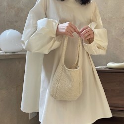 Urban Puff Sleeves Solid Color Round-Neck Mini Dress