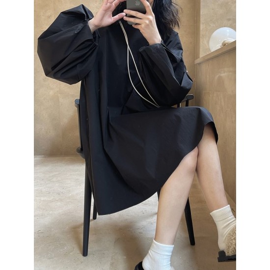 Urban Puff Sleeves Solid Color Round-Neck Mini Dress Urban Puff Sleeves Solid Color Round-Neck Mini Dress