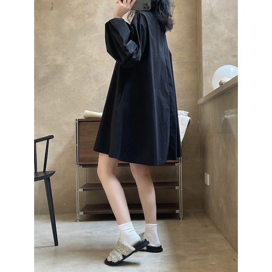 Urban Puff Sleeves Solid Color Round-Neck Mini Dress Urban Puff Sleeves Solid Color Round-Neck Mini Dress
