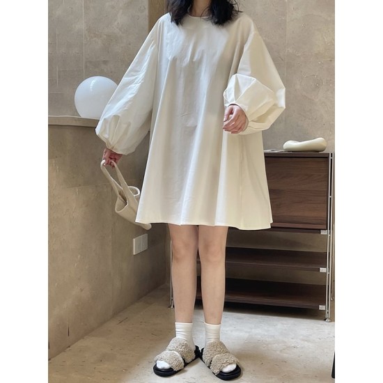 Urban Puff Sleeves Solid Color Round-Neck Mini Dress Urban Puff Sleeves Solid Color Round-Neck Mini Dress