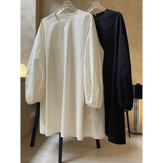 Urban Puff Sleeves Solid Color Round-Neck Mini Dress Urban Puff Sleeves Solid Color Round-Neck Mini Dress