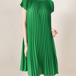 Urban Loose Pleated Solid Color Round-Neck Mini Dresses