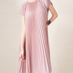 Urban Loose Pleated Solid Color Round-Neck Mini Dresses