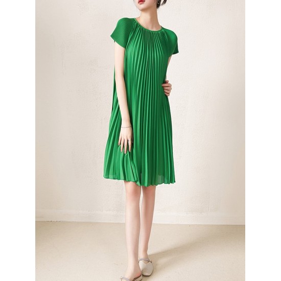 Urban Loose Pleated Solid Color Round-Neck Mini Dresses Urban Loose Pleated Solid Color Round-Neck Mini Dresses