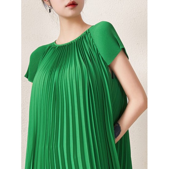 Urban Loose Pleated Solid Color Round-Neck Mini Dresses Urban Loose Pleated Solid Color Round-Neck Mini Dresses