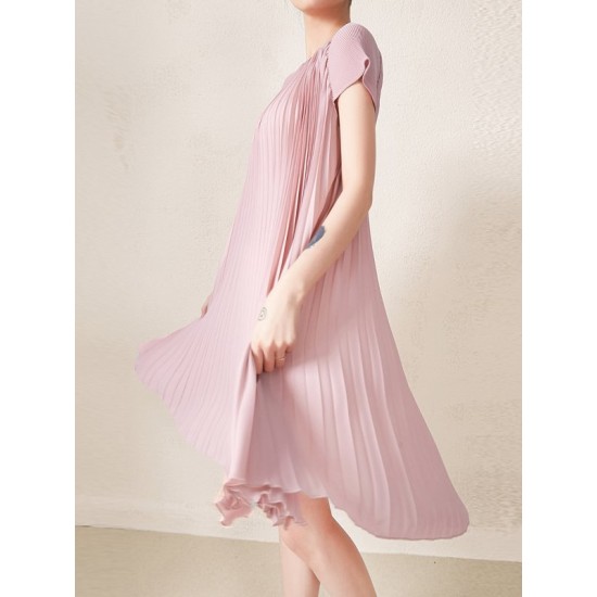 Urban Loose Pleated Solid Color Round-Neck Mini Dresses Urban Loose Pleated Solid Color Round-Neck Mini Dresses